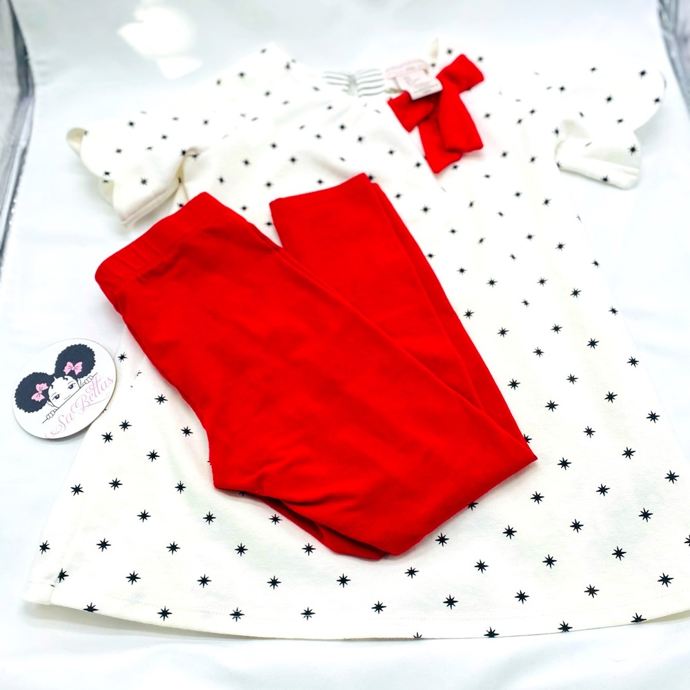Catherine Malandrino & Co red leggings, black & white top with red bow. Size 6